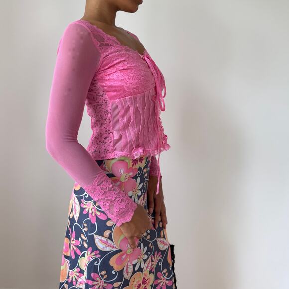 Vintage Y2K Pink Lace Corset-Style Long Sleeve Top (S) - Picture 6 of 8